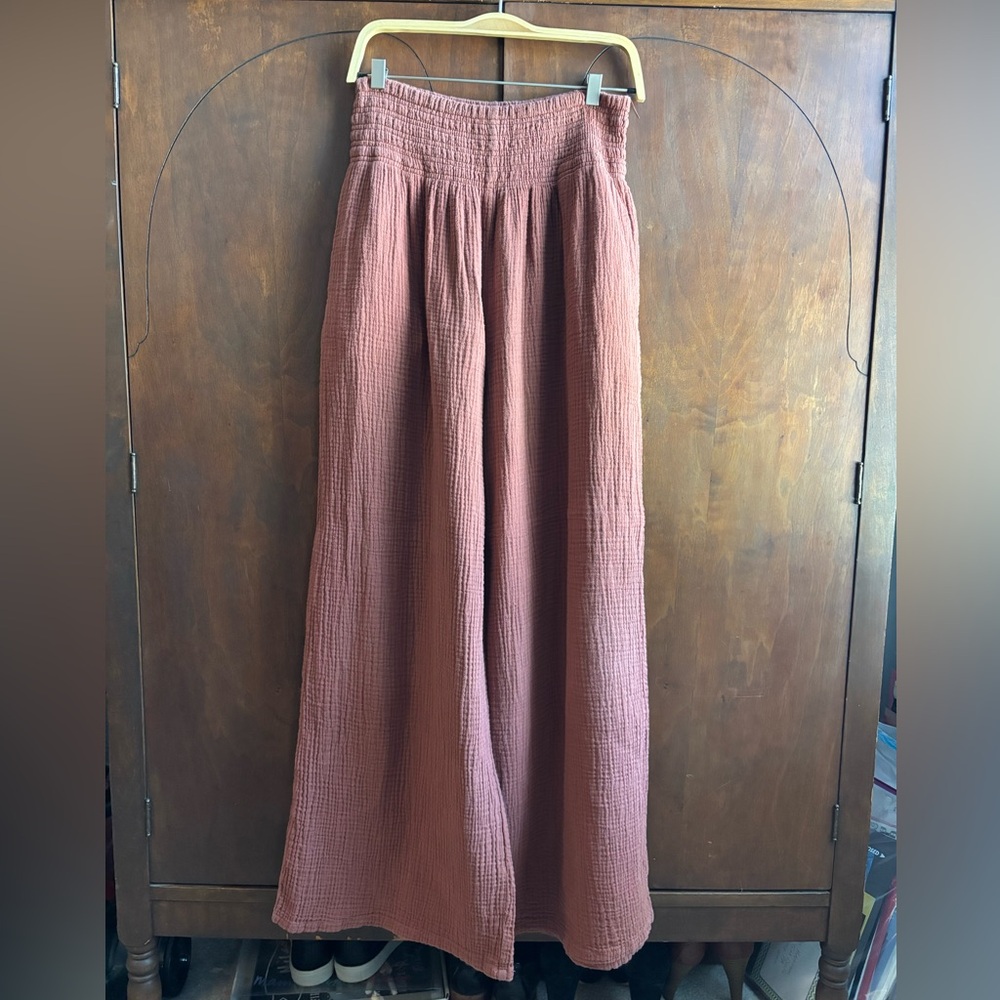 Marine Layer S Wide Leg Gauze Pants in burnt orange